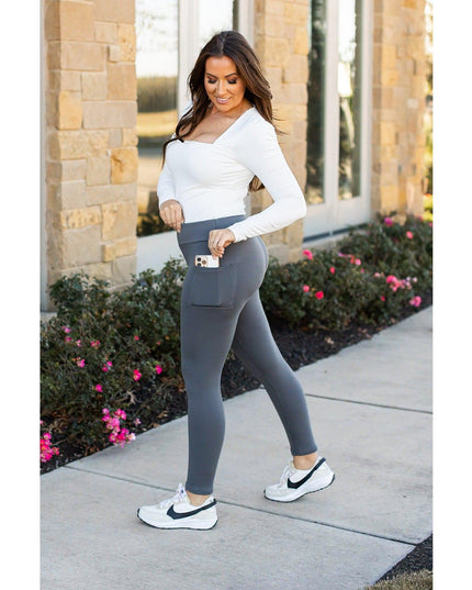 Ready to Ship | The Ciera - Charcoal FLEECE Full Length Leggings with Pocket
