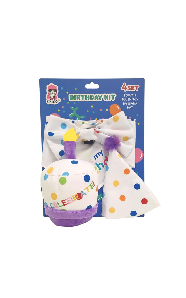 4-Piece Dog Birthday Kit – Celebrate in Style with Bandana, Hat, Bow Tie & Plush Toy
