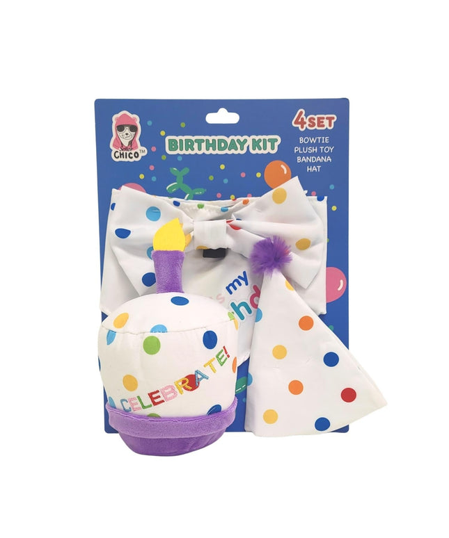 4-Piece Dog Birthday Kit – Celebrate in Style with Bandana, Hat, Bow Tie & Plush Toy