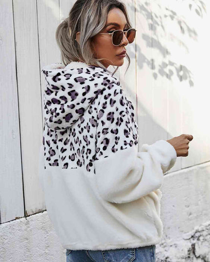 Women Leopard Half-Zip Dropped Shoulder Hoodie
