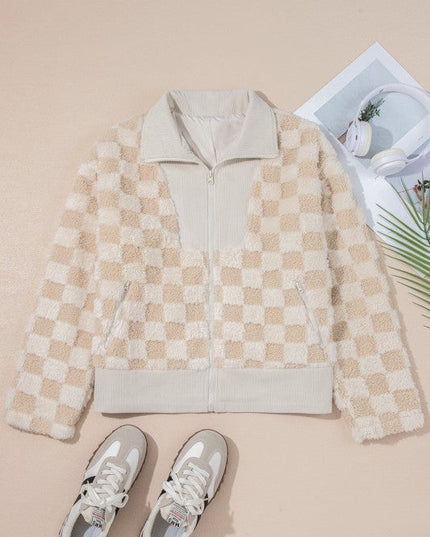 Checker Sherpa Corduroy Patchwork Zip-Up Jacket