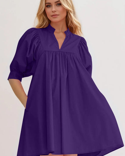 Oh Frill Notched Puff Sleeve Babydoll Mini Dress