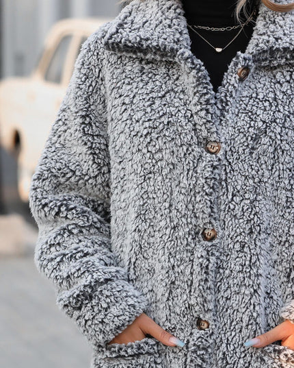 Women Pocketed Collared Neck Long Sleeve Plush Jacket