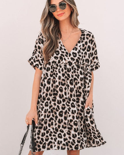 Brinley Cheetah Backless V Neck Loose Fit Mini Dress