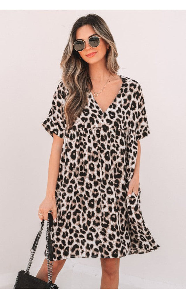 Brinley Cheetah Backless V Neck Loose Fit Mini Dress