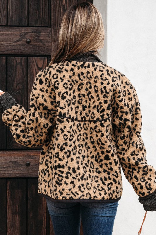 Leopard Zip-Up Stand Neck Side Pocket Jacket