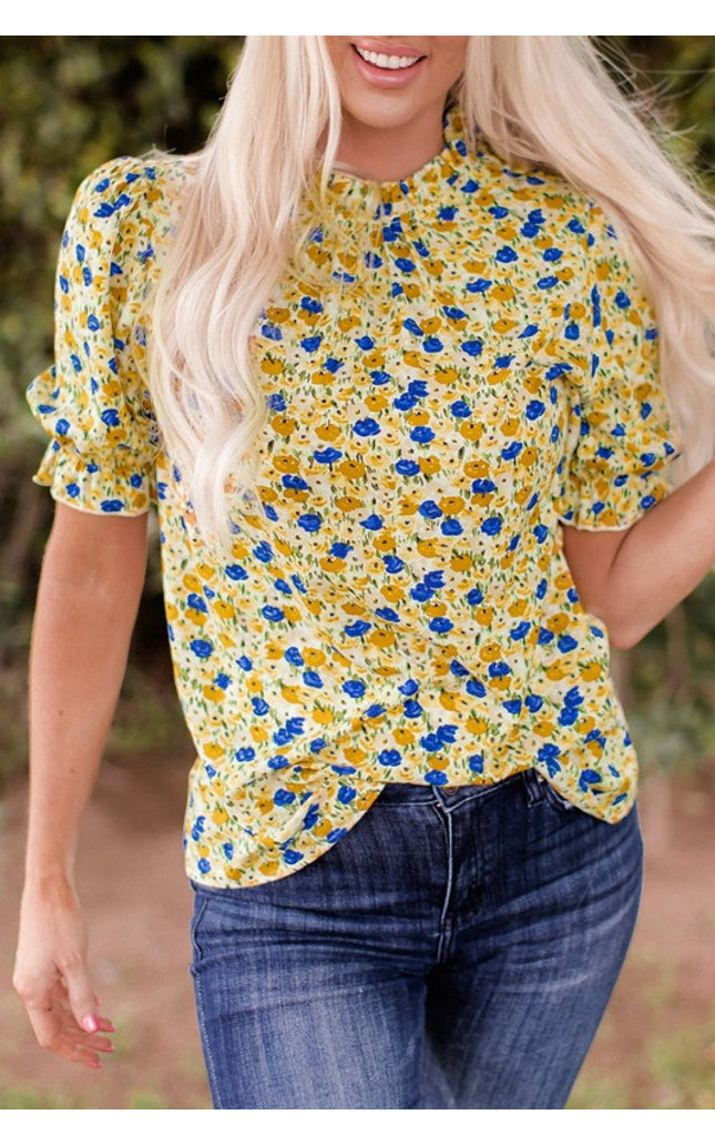 Nova Short Sleeve Frill Mock Neck Blouse