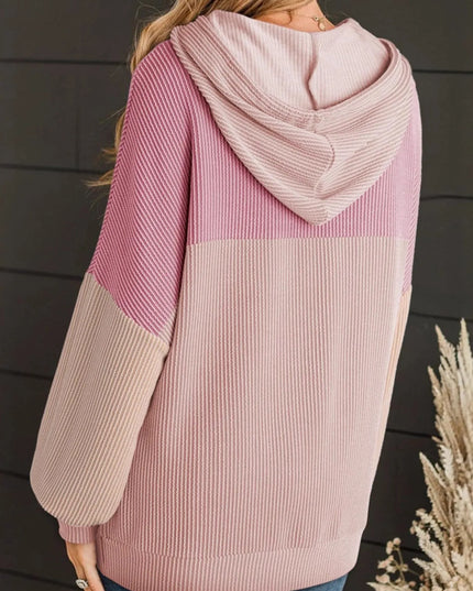 Women Drawstring Color Block Long Sleeve Hoodie