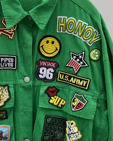 Embroidered Patch Button Up Long Sleeve Denim Jacket