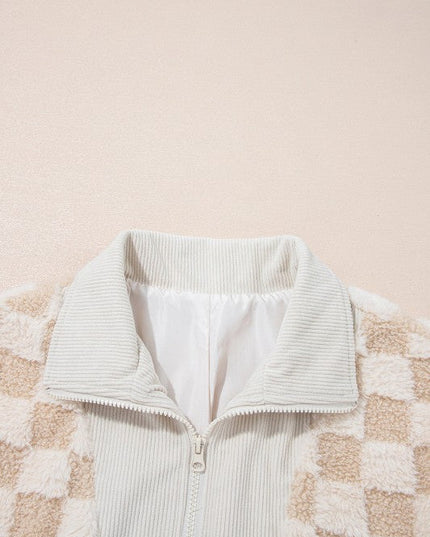 Checker Sherpa Corduroy Patchwork Zip-Up Jacket