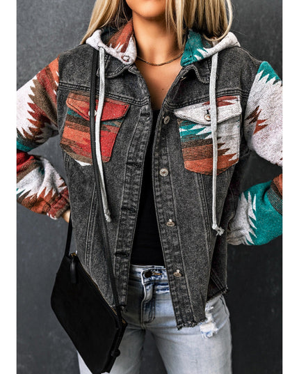 Women Drawstring Hooded Pocketed Denim Jacket