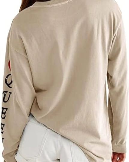 Queen of Hearts Playing Card Graphic Round Neck Sweatshirt