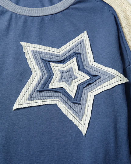 Contrast Knitted Colorblock Star Patchwork Oversize Long Sleeve Top