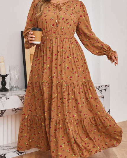 Plus Size Floral V-Neck Ruffle Sleeve Tiered Dress
