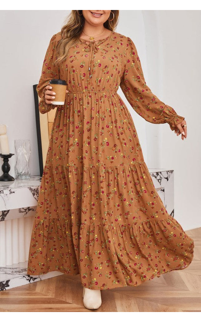 Plus Size Floral V-Neck Ruffle Sleeve Tiered Dress