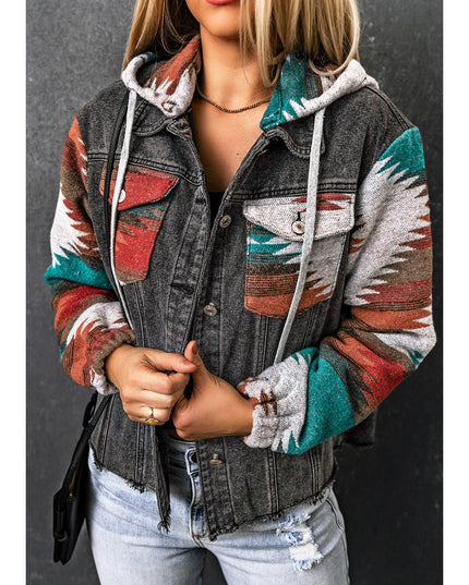 Women Drawstring Hooded Pocketed Denim Jacket