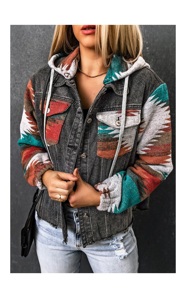 Women Drawstring Hooded Pocketed Denim Jacket