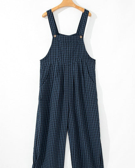 Plaid Print Buttoned Pocketed High Waist Jumpsuits