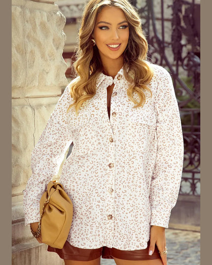 Leopard Collared Neck Dropped Shoulder Jacket