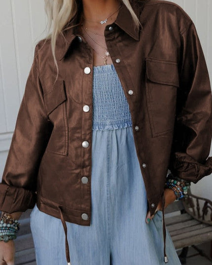Leather Drawstring Hem Pocketed Jacket