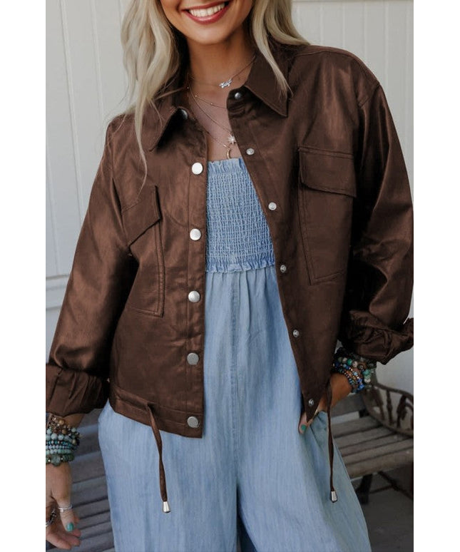 Leather Drawstring Hem Pocketed Jacket