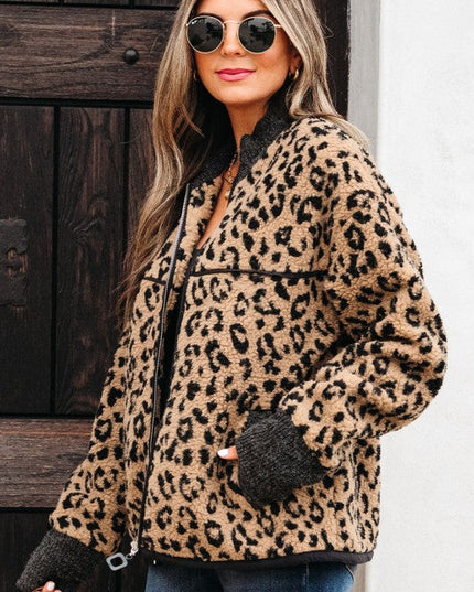 Leopard Zip-Up Stand Neck Side Pocket Jacket