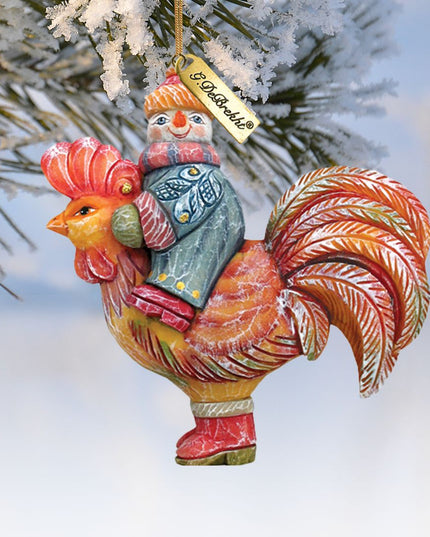 Snowman Riding Rooster Sculpted Hand-Painted Christmas Ornament by G. DeBrekht - Christmas Santa Snowman Decor - 63134