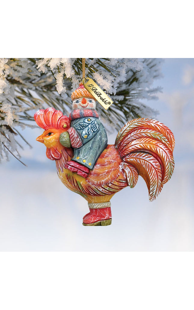 Snowman Riding Rooster Sculpted Hand-Painted Christmas Ornament by G. DeBrekht - Christmas Santa Snowman Decor - 63134