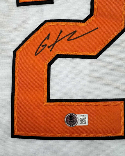 Framed Autographed/Signed Gunnar Henderson 35x39 Baltimore White Baseball Jersey Beckett BAS COA