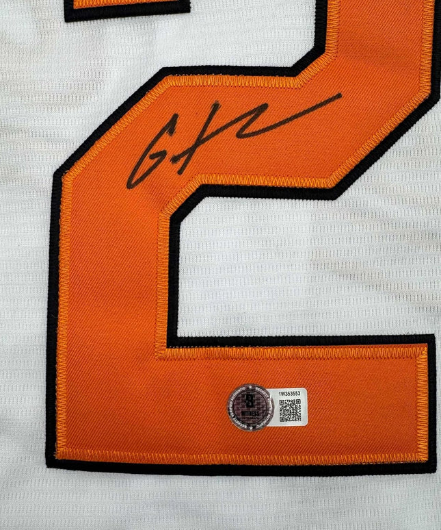 Framed Autographed/Signed Gunnar Henderson 35x39 Baltimore White Baseball Jersey Beckett BAS COA