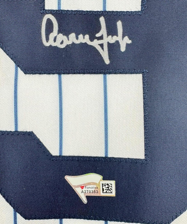Framed Autographed/Signed Aaron Judge 35x39 New York Yankees Authentic Majestic Pinstripe Baseball Jersey Fanatics COA