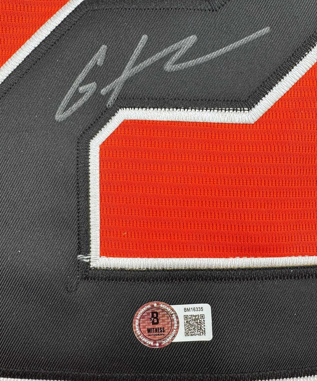 Framed Autographed/Signed Gunnar Henderson 35x39 Baltimore Orange Baseball Jersey Beckett BAS COA