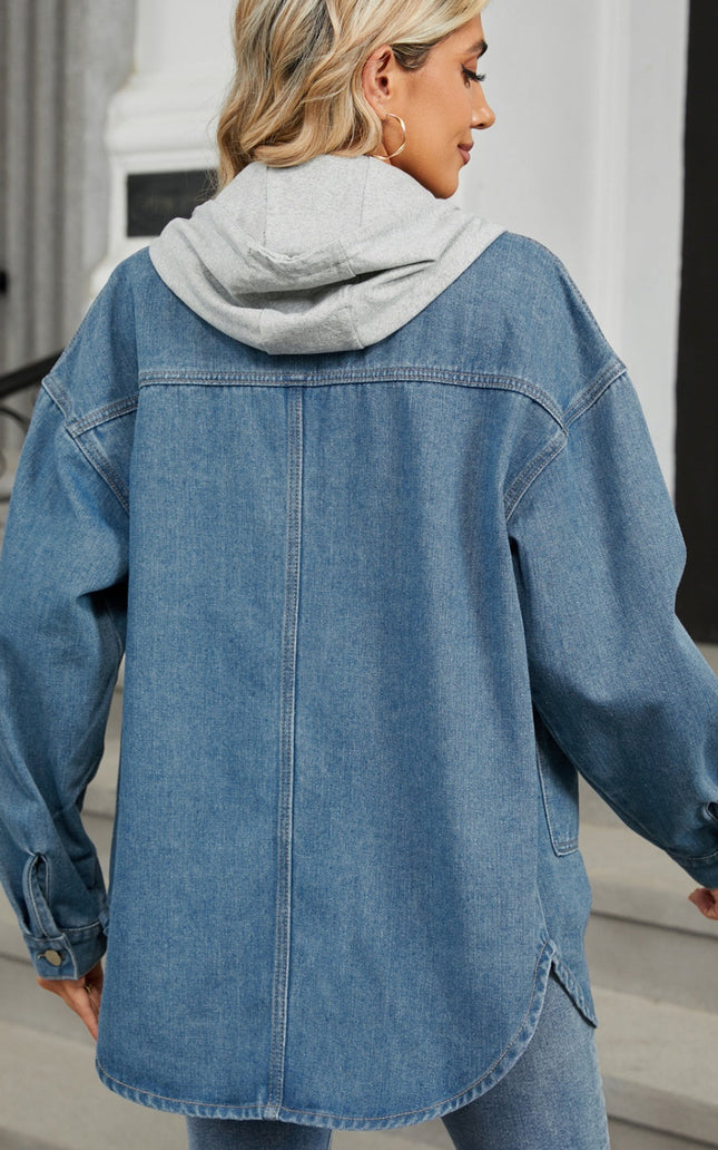Removable Hood Button Up Long Sleeve Denim Jacket