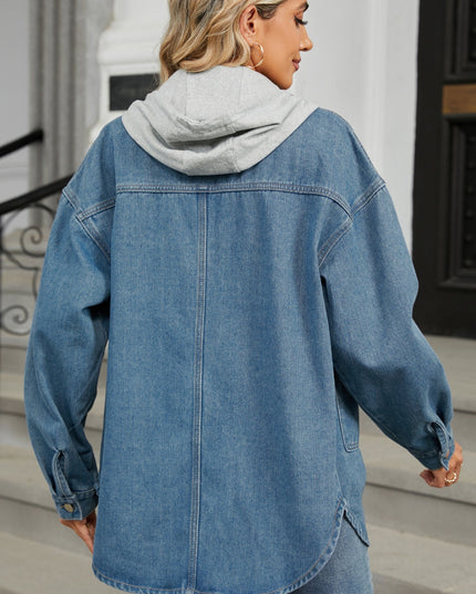 Removable Hood Button Up Long Sleeve Denim Jacket