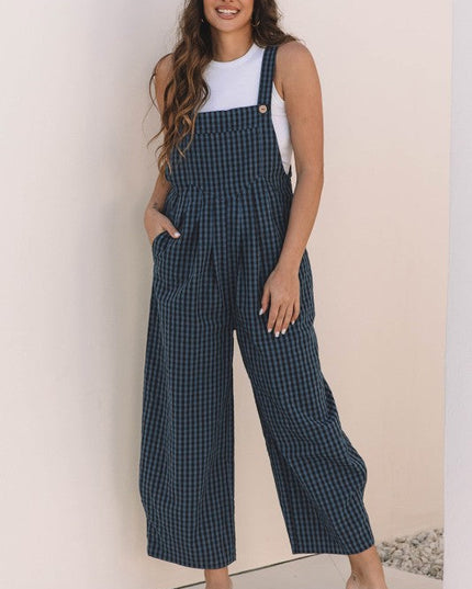 Plaid Print Buttoned Pocketed High Waist Jumpsuits