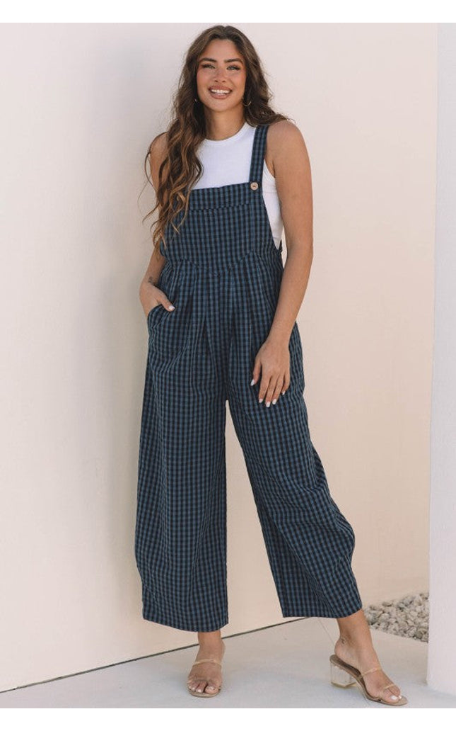 Plaid Print Buttoned Pocketed High Waist Jumpsuits