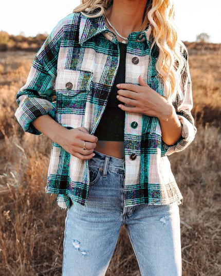 Women Pocketed Plaid Button Down Long Sleeve Shacket
