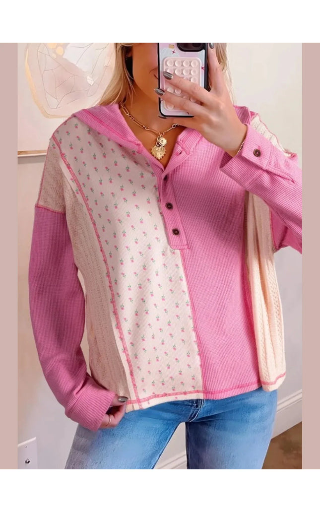 Color Block Button Detail Hoodie