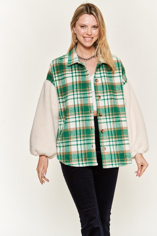 Multi plaid fuzzy sleeve jacket JJO1023