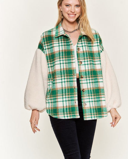 Multi plaid fuzzy sleeve jacket JJO1023