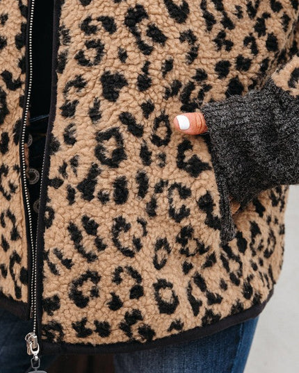 Leopard Zip-Up Stand Neck Side Pocket Jacket