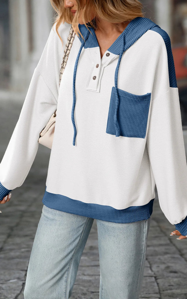 Drawstring Button Detail Long Sleeve Hoodie