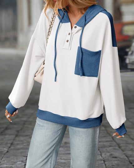 Drawstring Button Detail Long Sleeve Hoodie