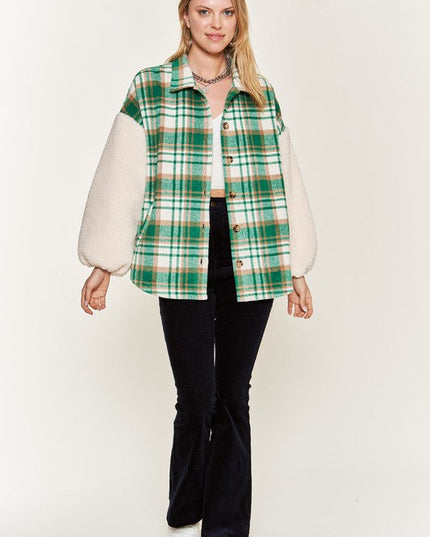 Multi plaid fuzzy sleeve jacket JJO1023