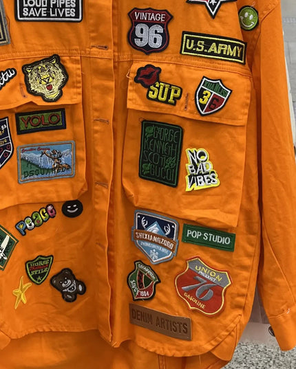 Embroidered Patch Button Up Long Sleeve Denim Jacket