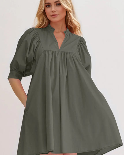 Oh Frill Notched Puff Sleeve Babydoll Mini Dress