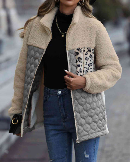 Women Leopard Color Block Zip-Up Jacket