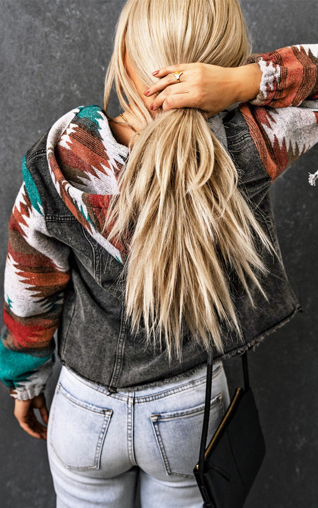 Women Drawstring Hooded Pocketed Denim Jacket