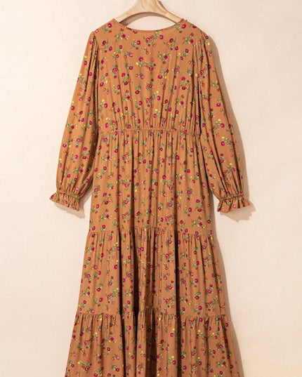Plus Size Floral V-Neck Ruffle Sleeve Tiered Dress