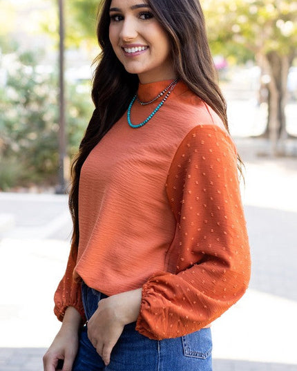 Solid Swiss Dot Balloon Sleeve Blouse